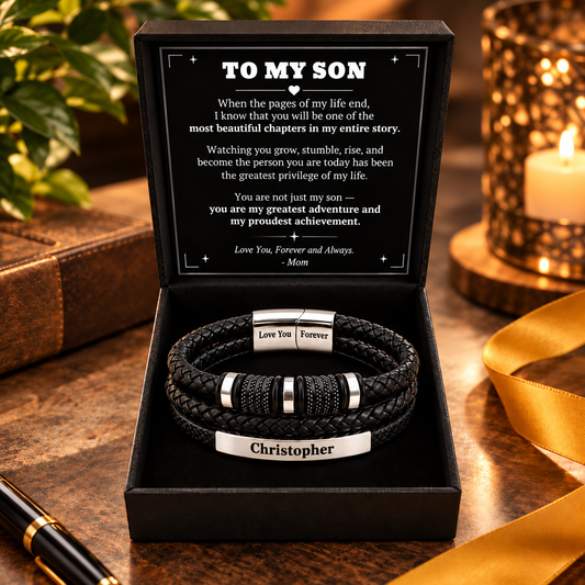 From Mom To  Son — Personalized Name Leather Bracelet Gift Set
