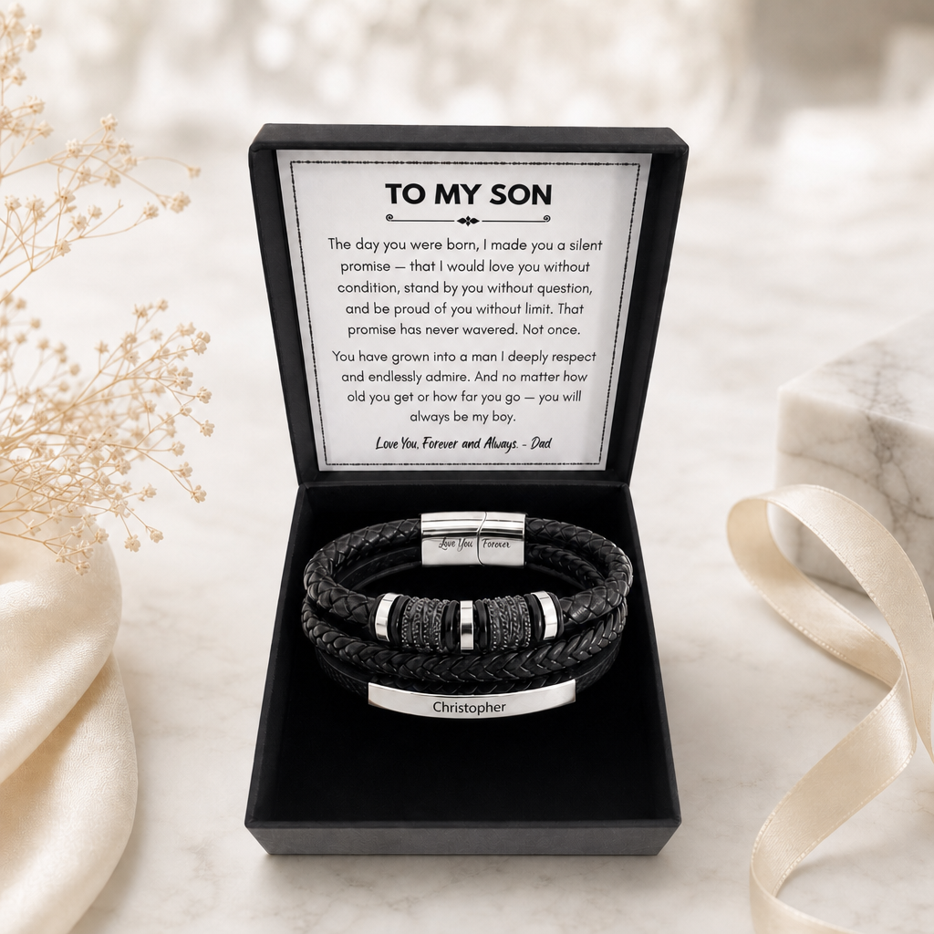 From Dad To  Son — Personalized Name Leather Bracelet Gift Set