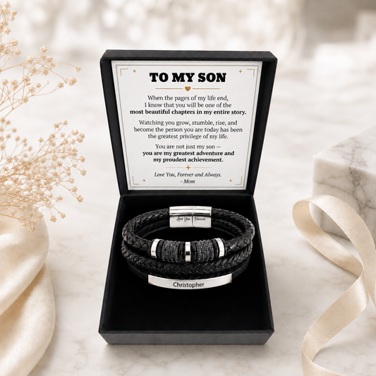 From Mom To  Son — Personalized Name Leather Bracelet Gift Set