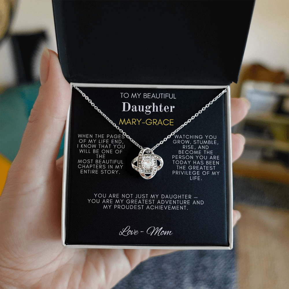To My Beautiful Daughter — Love Knot Message Card Necklace from Mom